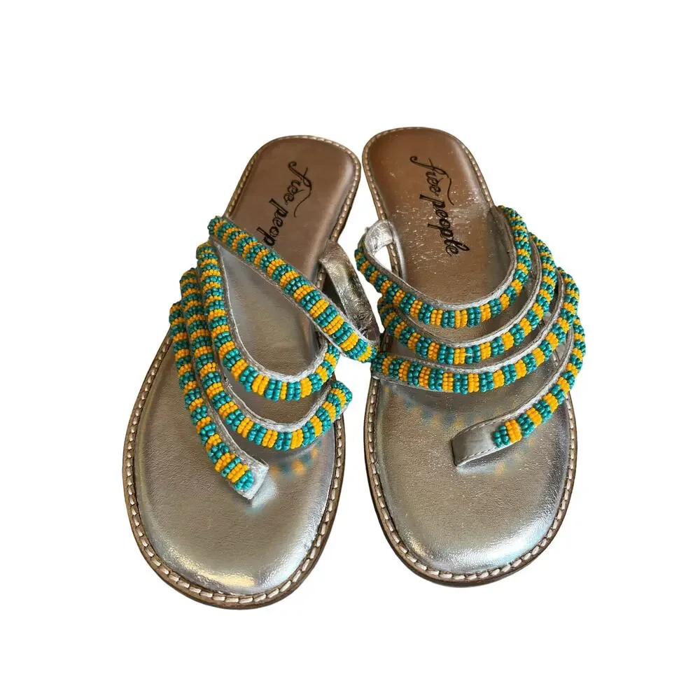Free People Beatrice Beaded Flat Sandals Turquoise Silver